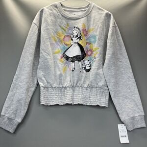 Disney Alice in Wonderland Sweatshirt Size Med Heather Grey M Pintuck Hem NWT
